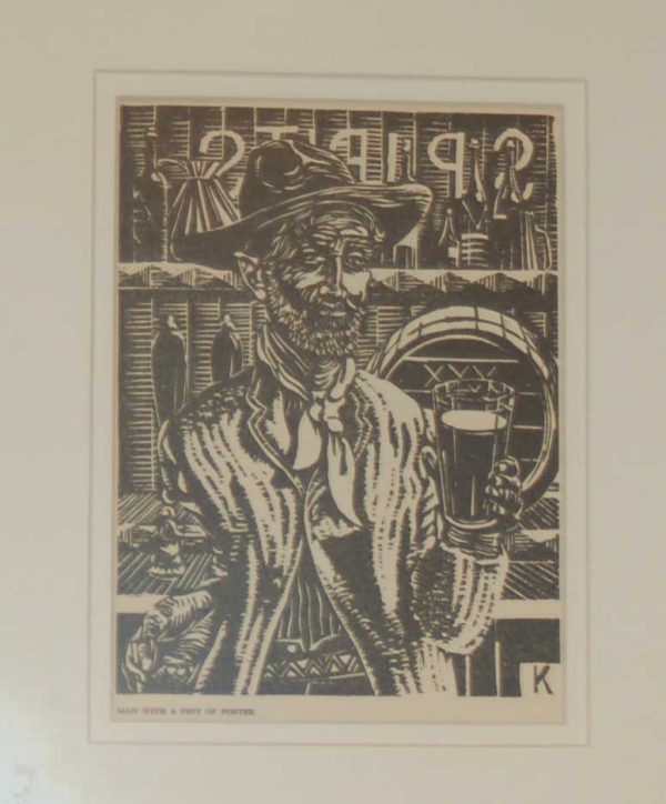 Harry Kernoff 1948 Woodcut, Man with a pint of porter, mounted and framed.