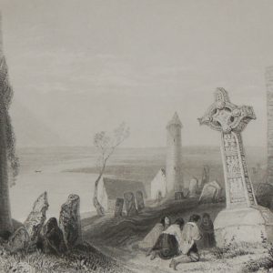 A circa 1860 engraving by H Griffiths after a painting by William Bartlett , entitled  Ancient Crofs, Clonmacnoise.