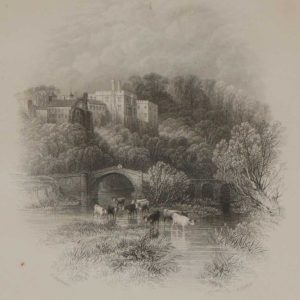 An antique print, steel engraving of Lismore Castle in County Waterford, Ireland. The print dates from 1837 and was published by Longman and Co in London.