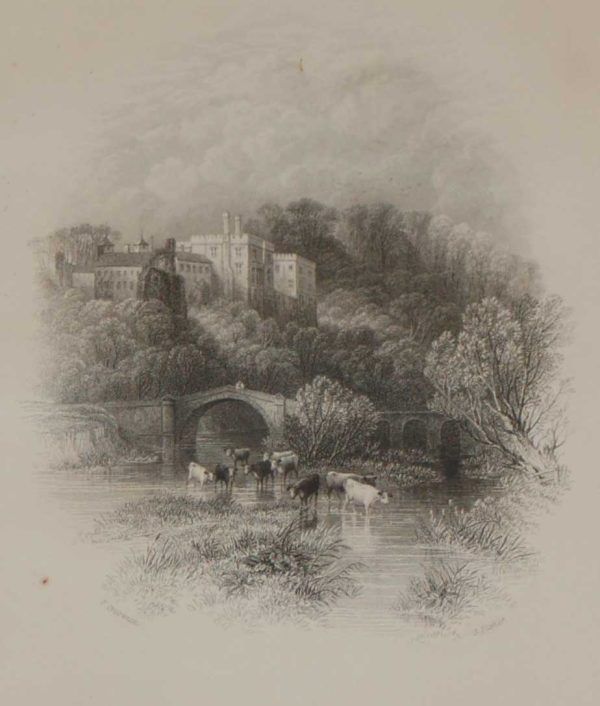 An antique print, steel engraving of Lismore Castle in County Waterford, Ireland. The print dates from 1837 and was published by Longman and Co in London.
