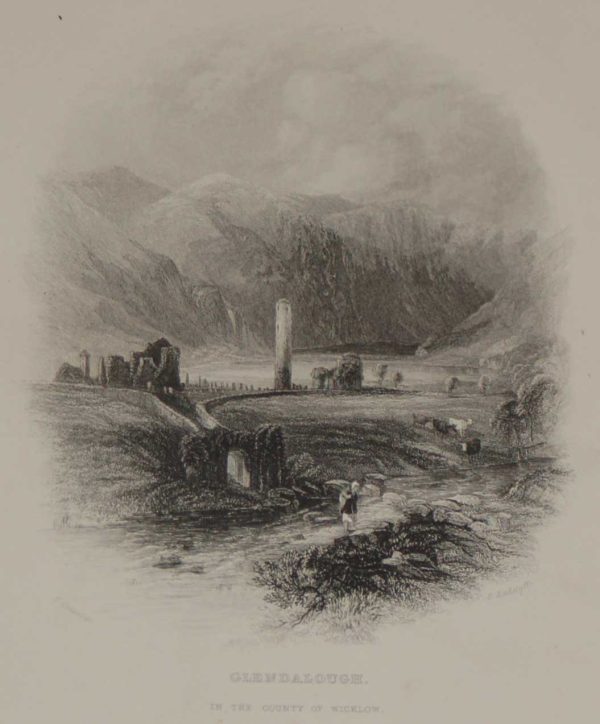 An antique steel engraving of Glendalough, Wicklow. The print dates from 1871 and was published by Virtue and Co in London.