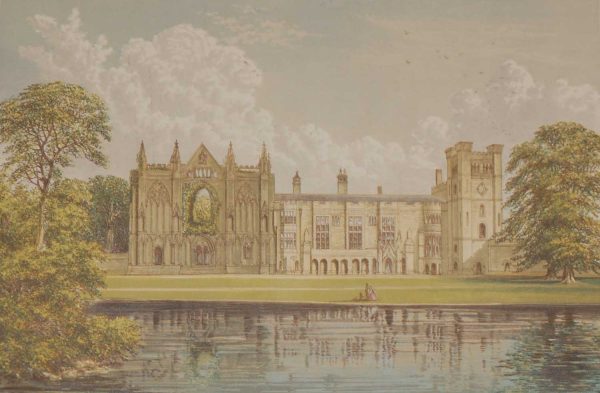 Antique colour print from 1880 of Newstead Abbey in Nottinghamshire, England. It is the ancestral home of Lord Byron.
