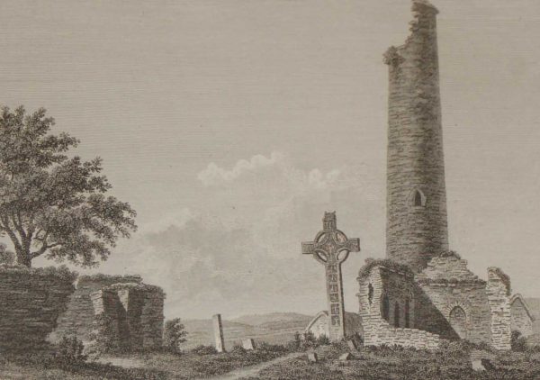 1797 Antique Print of Monasterboise Church and Tower in County Louth, Ireland. Monasterboise Church is an early Christian settlement from the 5th century.