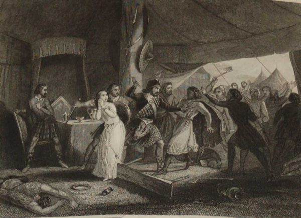 1854 steel engraving of the murder of Shane O Neill. O'Neill was an Irish chieftain who is said to have been murdered by his rivals the MacDonnells.