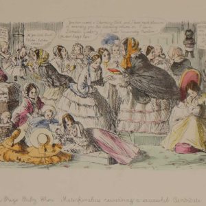 1866 antique print an etching after John Leech, hand coloured titled A Prize Baby Show Matterfamilias rewarding a succesful candidate.