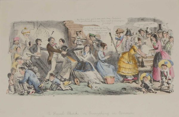 A 1866 antique print an etching after John Leech, hand coloured titled A social Sketch on Everything in Common.