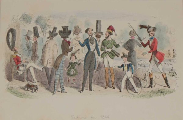 A 1866 antique print an etching after John Leech, hand coloured titled Fashion for 1844