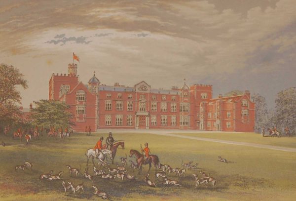 Antique colour print a chromolithograph from 1880 of Burton Hall an Elizabethan manor house.