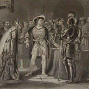 Antique print,1854 steel engraving Lord Thomas Fitz Gerald Renouncing his allegiance to Henry VIII.