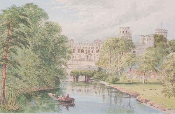 Antique colour print from 1880 of Warwick Castle. Warwick Castle is a medieval castle , originally built by William the Conqueror during 1068.