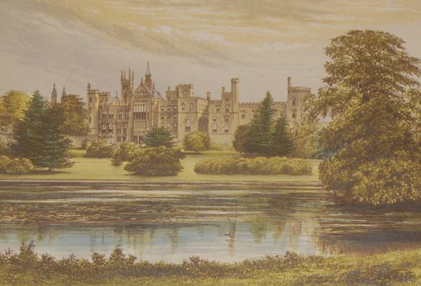 An antique colour print a chromolithograph from 1880 of  Alton Towers in Staffordshire.