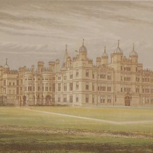 antique colour print a chromolithograph from 1880 of  Burghley House  in Cambridgeshire.