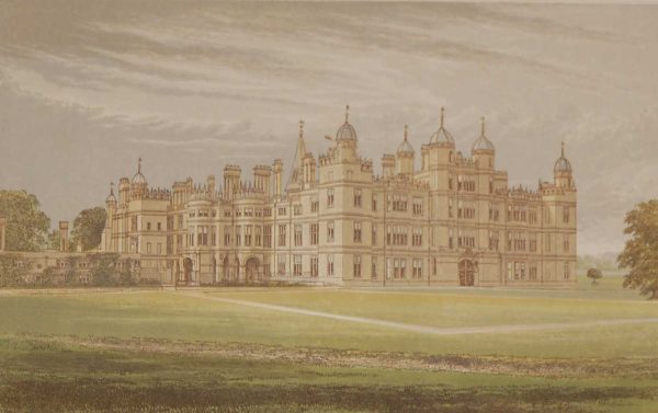 antique colour print a chromolithograph from 1880 of  Burghley House  in Cambridgeshire.