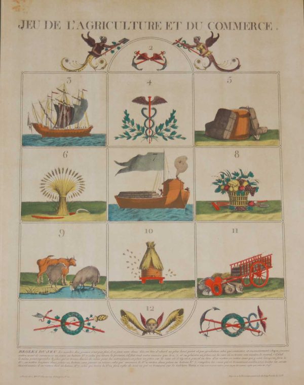 A vintage print, colour intaglio, done by Mourlot in 1944 after the original print from circa 1800 titled Jeu De l'Agriculture et du Commerce.