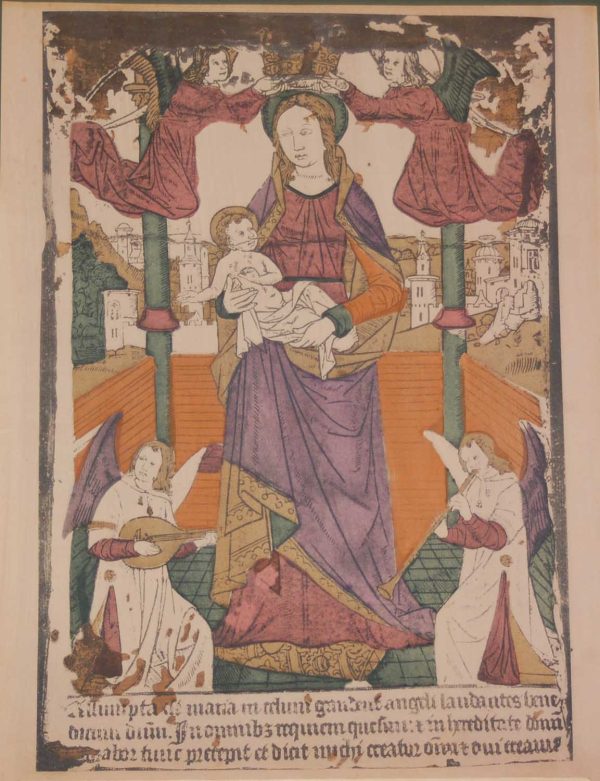 A  vintage colour woodcut print done by Mourlot in 1944  titled La Vierge ave L'enfant Jésus This print was hand coloured at Establishment Beaufumé.