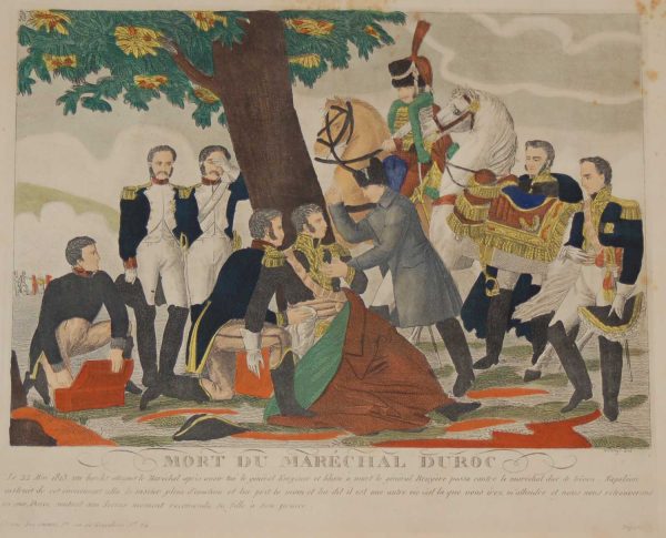 A vintage colour lithograph print done by Mourlot in 1944 after the original print from circa 1835 titled Mort du Marcéchal Duroc Mourlot