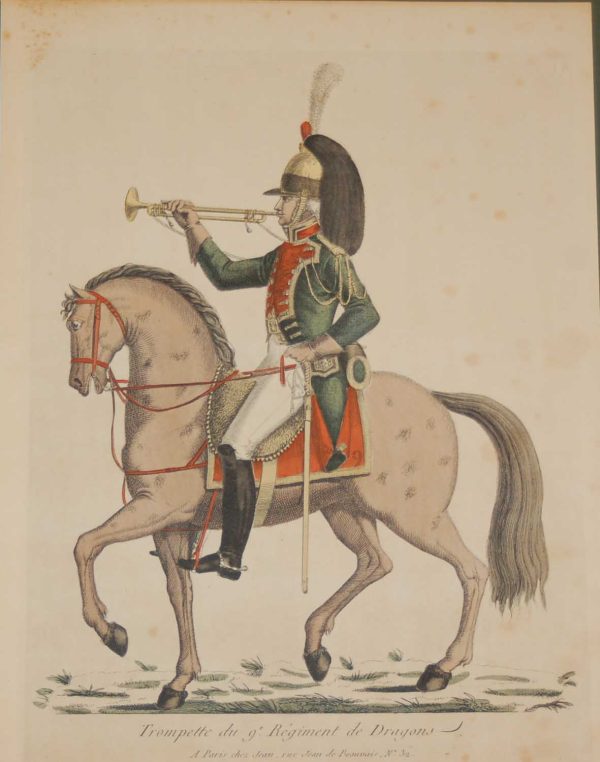vintage colour intaglio print done by Mourlot in 1944 after the original print from circa 1800 titled Trompette du 9th Regiment de Dragons