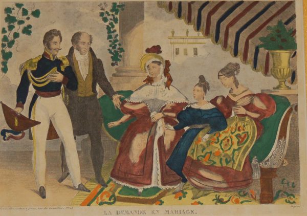 A  vintage French art print,  colour intaglio  done by Mourlot in 1944 after the original print from circa 1835 titled La Demande En Mariage.