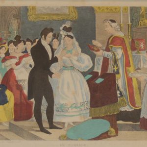 A vintage French art print,  colour intaglio  done by Mourlot in 1944 after the original print from circa 1835 titled Le Lever de la Mariée.