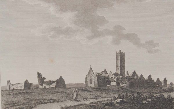 1797 antique print a copperplate engraving of Quin Abbey in County Clare, Ireland. It is a Franciscan Abbey near Ennis and was founded in the 14th century.