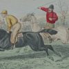 An 1858 hand coloured antique steel engraving by John Leech titled, The Great Match Between Mr Flintoff and Jack Rogers, signed in the plate.