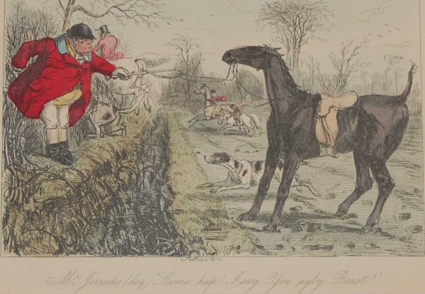 Original 1854 hand coloured antique sporting print, a steel engraving by John Leech titled, Mr Jorrocks, Come Hup! I say - you ugly beast.
