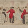 Original antique print from 1858 hand coloured , a steel engraving by John Leech titled, The Hunt Ball Ask Mama Polka