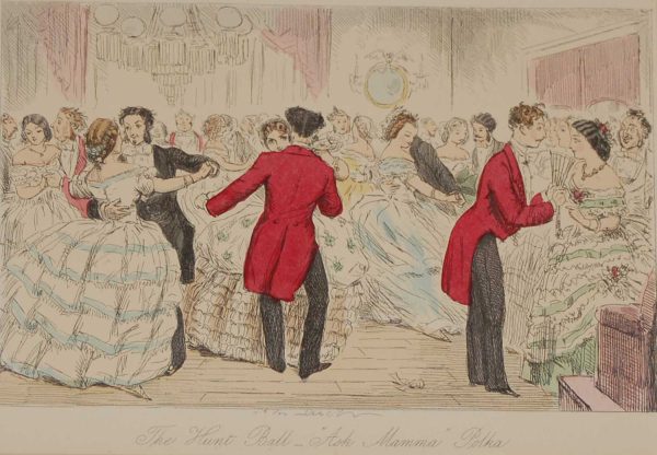 Original antique print from 1858 hand coloured , a steel engraving by John Leech titled, The Hunt Ball Ask Mama Polka