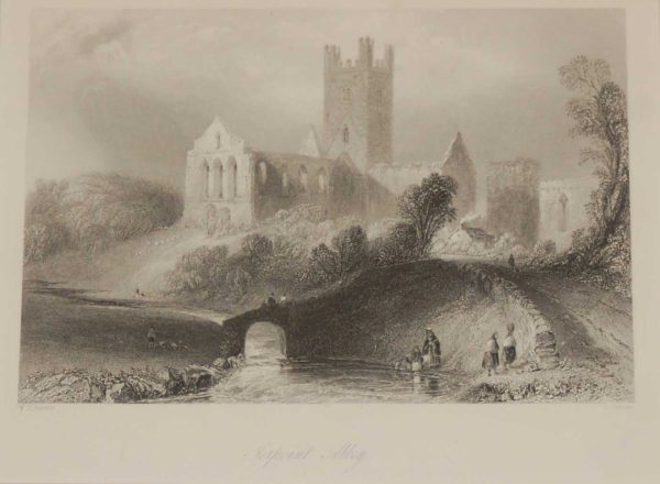 Antique print a steel engraving  of Jerpoint Abbey in County Kilkenny. The engraving is after a drawing by William Bartlett   and was engraved by C Cousen.