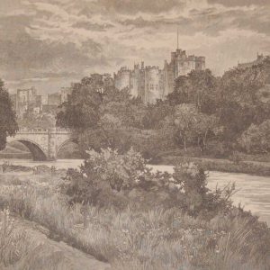 An antique engraving, Alnwick Castle from the park, this antique print was published in 1892 by Cassell and Company as part of a larger work on historic houses in the UK.