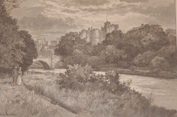 An antique engraving, Alnwick Castle from the park, this antique print was published in 1892 by Cassell and Company as part of a larger work on historic houses in the UK.
