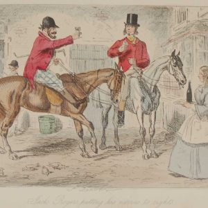1858 hand coloured antique steel engraving by John Leech titled, Jack Rodgers Putting His Horse to Rights, signed in the plate.