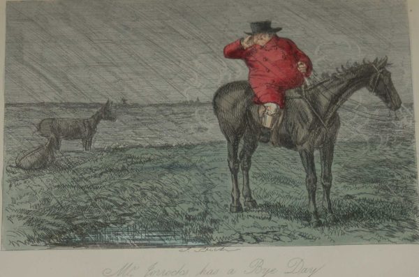 An 1854 hand coloured antique sporting print, a steel engraving by John Leech titled, Mr Jorrocks Has a Bye Day.