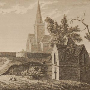 1797 Antique Print a copper plate engraving of St Doulagh's Church, Dublin, Ireland. It is the oldest stone roofed church still in use in Ireland.