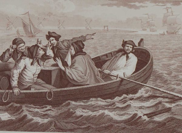 An antique print an engraving after William Hogarth titled Industry and Idleness Plate 5. The Industrious Prentice Turn'd away and sent to sea.
