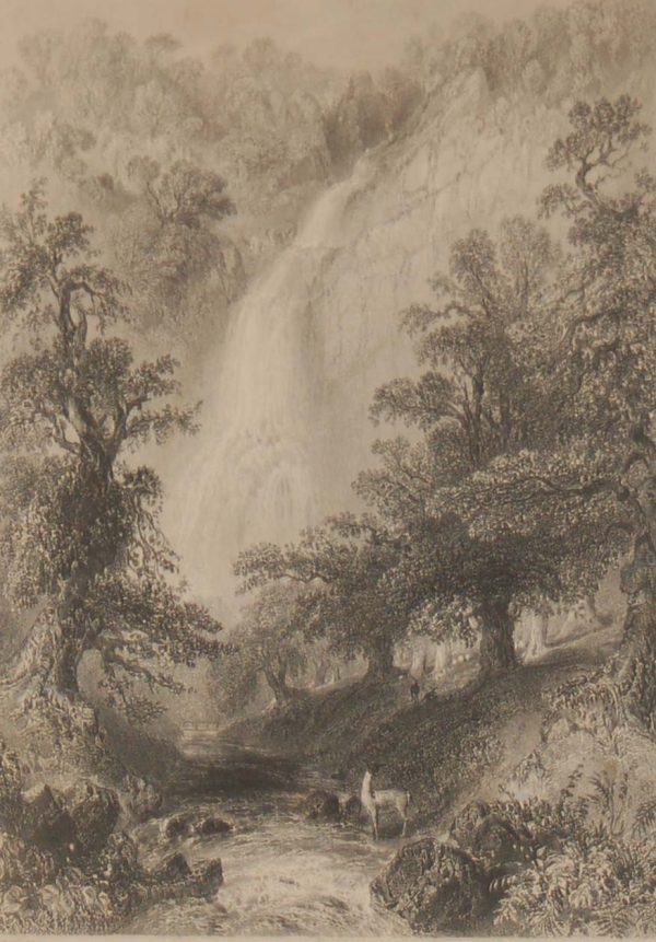 1841 Antique Steel engraving titled Powerscourt Waterfall, Wicklow. The print was engraved by J Cousen and is after a drawing by William Bartlett.