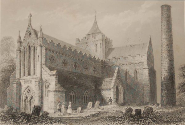 1841 Antique Steel engraving of St Canice's Cathedral in Kilkenny. The print was engraved by James Carter and is after a drawing by William Bartlett.