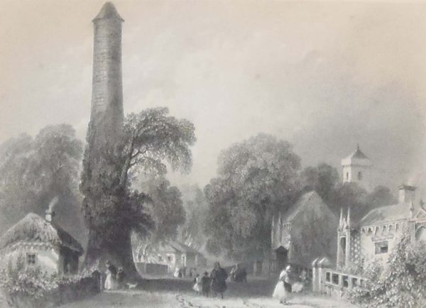 1841 Antique Steel engraving of Clondalkin in Dublin. The antique print is of Tower Road and the Round Tower, the Tower was built in the 7th century. The print was engraved by R Wallis and is after a drawing by William Bartlett.