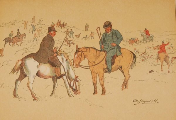 Beautiful antique sporting print , a chromolithograph, published in 1902, after Edith Somerville, titled "He Will Not Lave His Den For Them".
