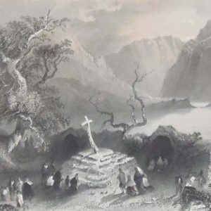 1841 Antique Steel engraving titled Scene at Gougane Barra. The print was engraved by R Brandard and is after a drawing by William Bartlett.