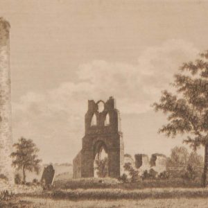 1797 antique print a copper plate engraving of Donoghmore Church and Round Tower in County Meath, Ireland.