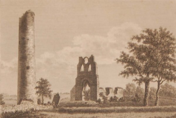 1797 antique print a copper plate engraving of Donoghmore Church and Round Tower in County Meath, Ireland.