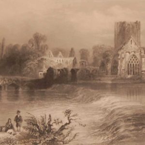 1841 Antique Steel engraving of Holycross Abbey from the Suir in Tipperary. The print was engraved by J C Bentley and is after a drawing by William Bartlett.