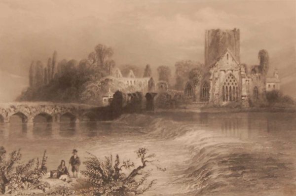 1841 Antique Steel engraving of Holycross Abbey from the Suir in Tipperary. The print was engraved by J C Bentley and is after a drawing by William Bartlett.