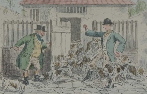 1858 original antique hand coloured steel engraving after John Leech titled Billy is introduced to the Mayor's Harriers.