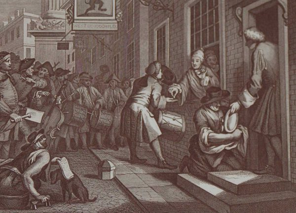 Antique print an engraving after William Hogarth . The engraving is titled Industry and Idleness Plate 6