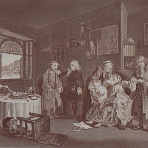 Antique print an engraving after William Hogarth. The engraving is titled Marriage a la Mode Death of the Countess