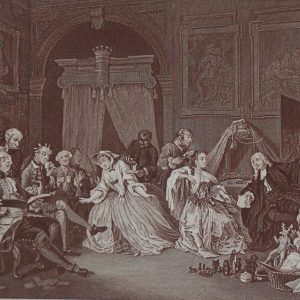 Antique print an engraving after William Hogarth. The engraving is titled Marriage a la Mode Toilette Scene
