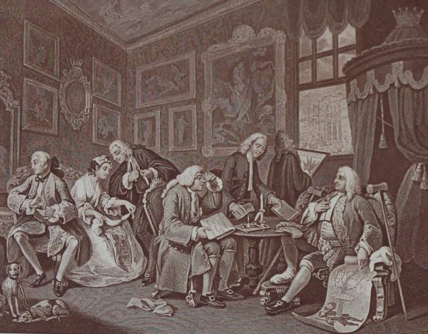 Antique print an engraving after William Hogarth . The engraving is titled Marriage a la Mode The Contract .