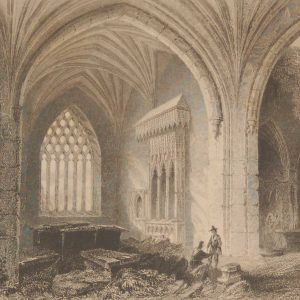 1841 Antique print of the Interior of Holy Cross Abbey,Tipperary, Ireland. The print was engraved by E J Roberts and is after a drawing by William Bartlett.